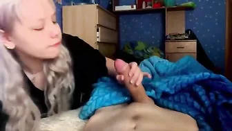 With his firm cock in her hands, this sister is pretty damn happy
