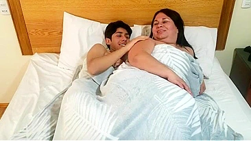 Fat mom is going to let her young boy fuck her sideways for funsies