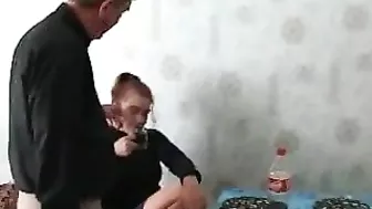 Real daddy with a real hard cock is going to screw her oozing twat