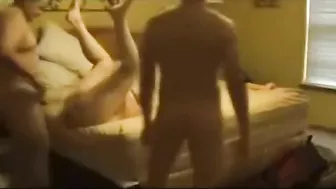 Taboo fuck scene with dad and son sharing the insatiable mommy big time