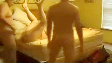 Taboo fuck scene with dad and son sharing the insatiable mommy big time