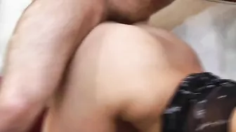 After a few minutes of hard stroking, daughter is ready for daddy's dick