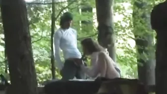 Public fucking session showing a horny stepsister in taboo forest fuck vid