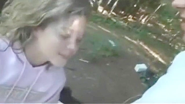 Public fucking session showing a horny stepsister in taboo forest fuck vid