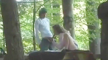 Public fucking session showing a horny stepsister in taboo forest fuck vid