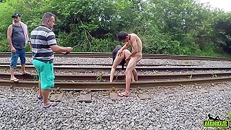 Big ass student fucked on the railway in standing doggystyle