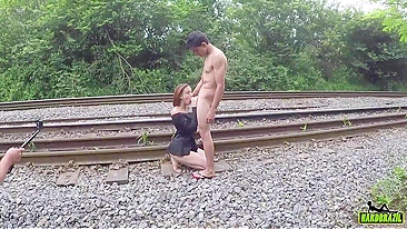 Big ass student fucked on the railway in standing doggystyle