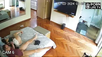 Hidden camera with a perverted father and daughter watching TV together, he asks for a blowjob