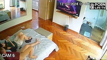 Hidden camera with a perverted father and daughter watching TV together, he asks for a blowjob