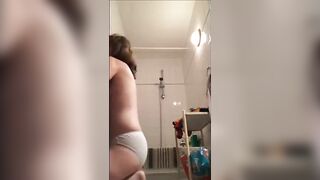 Mom starving for son's cock, quick blowjob in the bathroom while dad is having breakfast