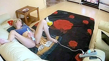 My friend’s sister masturbates a whole lot in living room with massager