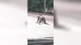 Really mad ebony MILF having sex with invisible devil on the road!