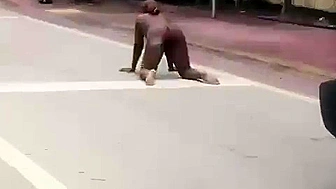 Really mad ebony MILF having sex with invisible devil on the road!