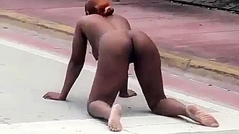 Really mad ebony MILF having sex with invisible devil on the road!
