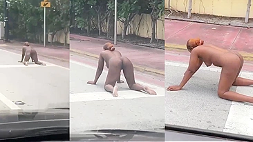 Really mad ebony MILF having sex with invisible devil on the road!