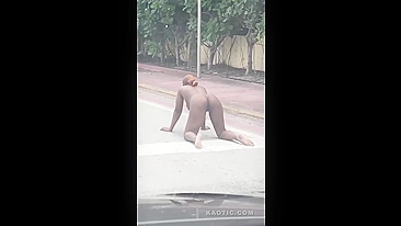 Really mad ebony MILF having sex with invisible devil on the road!