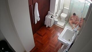 Hidden Cam Caught - Wife showers, shaves and masturbate with a shower head a little.