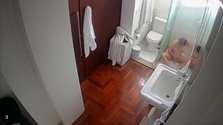 Hidden Cam Caught - Wife showers, shaves and masturbate with a shower head a little.