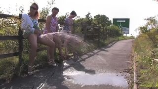 Three British drunk mature sluts and one big fountain of piss play a game of who can go piss the most
