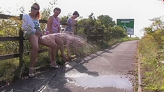 Three British drunk mature sluts and one big fountain of piss play a game of who can go piss the most