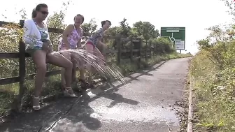 Three British drunk mature sluts and one big fountain of piss play a game of who can go piss the most