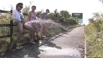 Three British drunk mature sluts and one big fountain of piss play a game of who can go piss the most