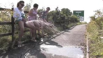Three British drunk mature sluts and one big fountain of piss play a game of who can go piss the most