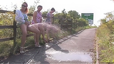 Three British drunk mature sluts and one big fountain of piss play a game of who can go piss the most