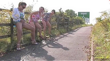 Three British drunk mature sluts and one big fountain of piss play a game of who can go piss the most