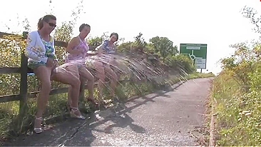 Three British drunk mature sluts and one big fountain of piss play a game of who can go piss the most