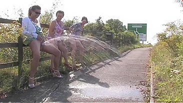 Three British drunk mature sluts and one big fountain of piss play a game of who can go piss the most