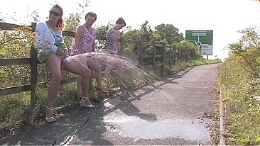 Three British drunk mature sluts and one big fountain of piss play a game of who can go piss the most