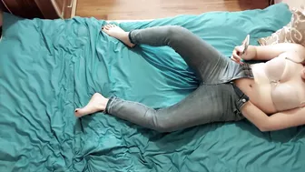 Horny wife masturbates while watching porn. Husband caught her and fucks her