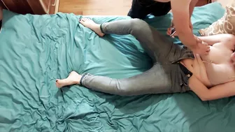 Horny wife masturbates while watching porn. Husband caught her and fucks her