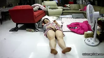 Spy Camera Catches, Asian mother fingering on floor!