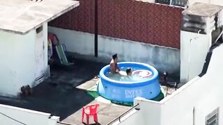 A neighbor caught sex in the pool, a neighbor's boy pulls his own mother on a dick