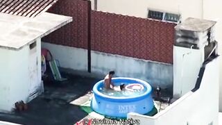 A neighbor caught sex in the pool, a neighbor's boy pulls his own mother on a dick