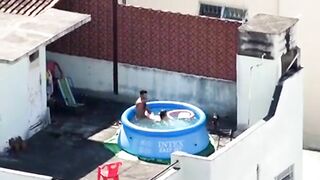 A neighbor caught sex in the pool, a neighbor's boy pulls his own mother on a dick