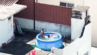 A neighbor caught sex in the pool, a neighbor's boy pulls his own mother on a dick