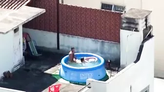 A neighbor caught sex in the pool, a neighbor's boy pulls his own mother on a dick