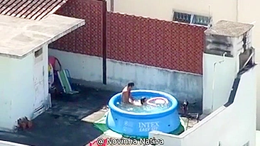 A neighbor caught sex in the pool, a neighbor's boy pulls his own mother on a dick