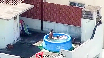 A neighbor caught sex in the pool, a neighbor's boy pulls his own mother on a dick