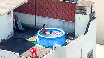 A neighbor caught sex in the pool, a neighbor's boy pulls his own mother on a dick