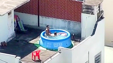 A neighbor caught sex in the pool, a neighbor's boy pulls his own mother on a dick