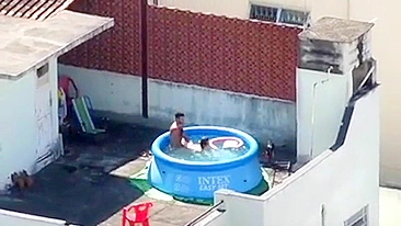 A neighbor caught sex in the pool, a neighbor's boy pulls his own mother on a dick