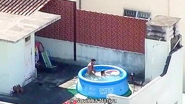 A neighbor caught sex in the pool, a neighbor's boy pulls his own mother on a dick