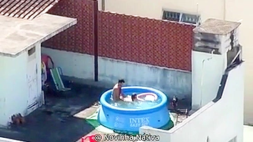 A neighbor caught sex in the pool, a neighbor's boy pulls his own mother on a dick