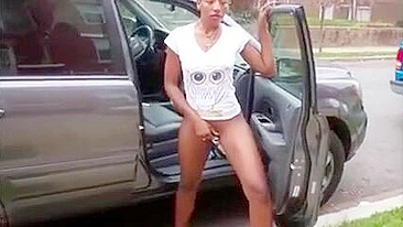 Naked Black Slut Wife Masturbates in the Middle of the Street