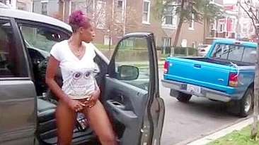Naked Black Slut Wife Masturbates in the Middle of the Street