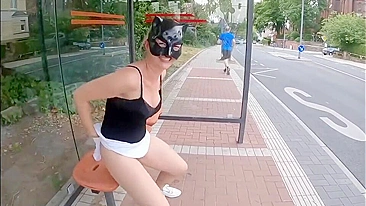Horny German Wife's Drunken Public Pissing at Bus Stop